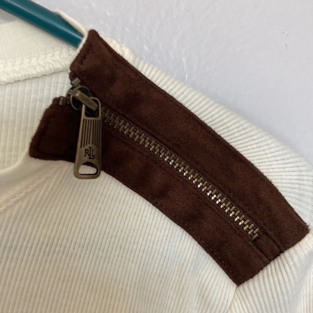 Ralph Lauren VTG LSleeve Pullover Ivory & Brown Elbow Patches, Zipper SZ P/L, EC - Picture 4 of 12